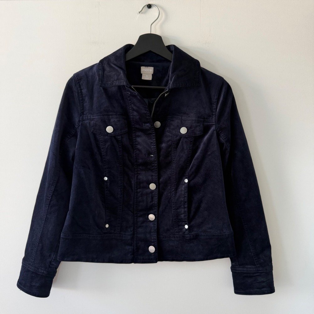 Chicos Navy Blue Faux Suede Zip Front Trucker Jacket Size 0 S 4/6